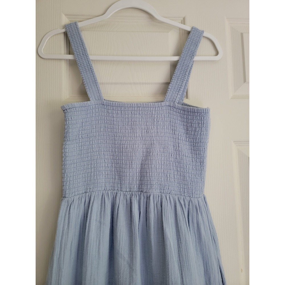 Quince Organic Cotton Gauze Smocked Tiered Maxi Dress Light Blue Pockets Small - Picture 9 of 11